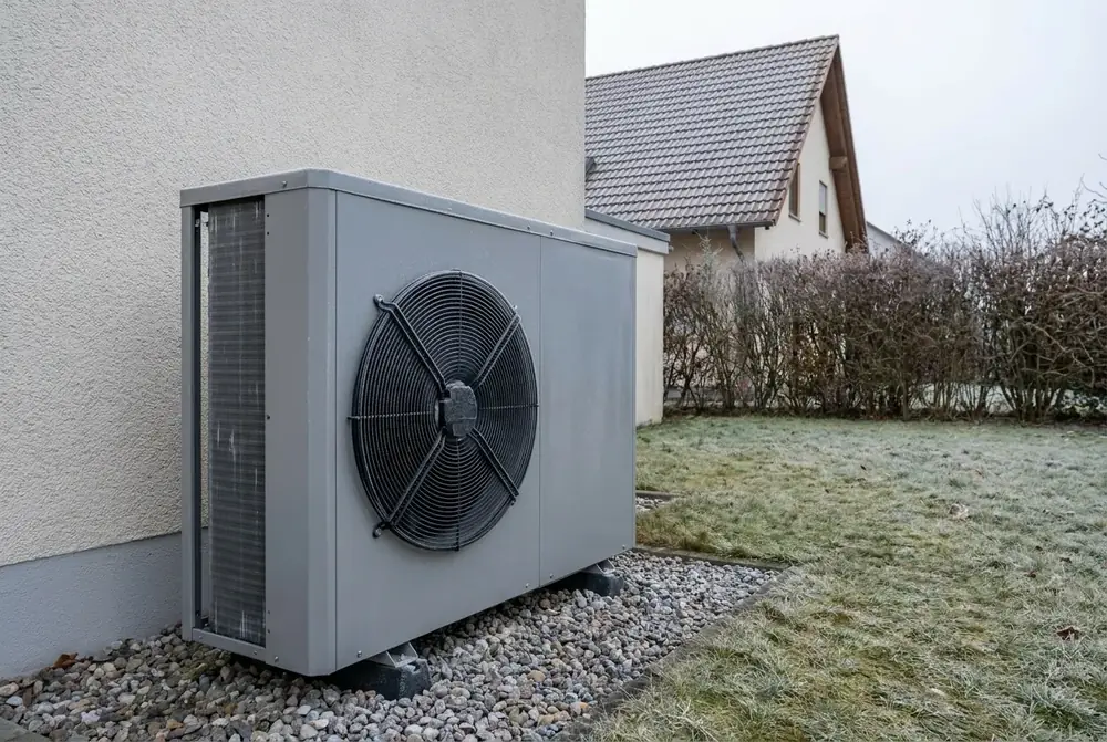 Außengerät einer Luft-Wasser-Wärmepumpe auf einem Kiesbett neben einem Einfamilienhaus an einem frostigen Wintermorgen