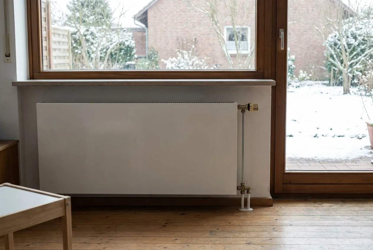 Großer Flachheizkörper unter einem Fenster in einem Wohnzimmer im Winter