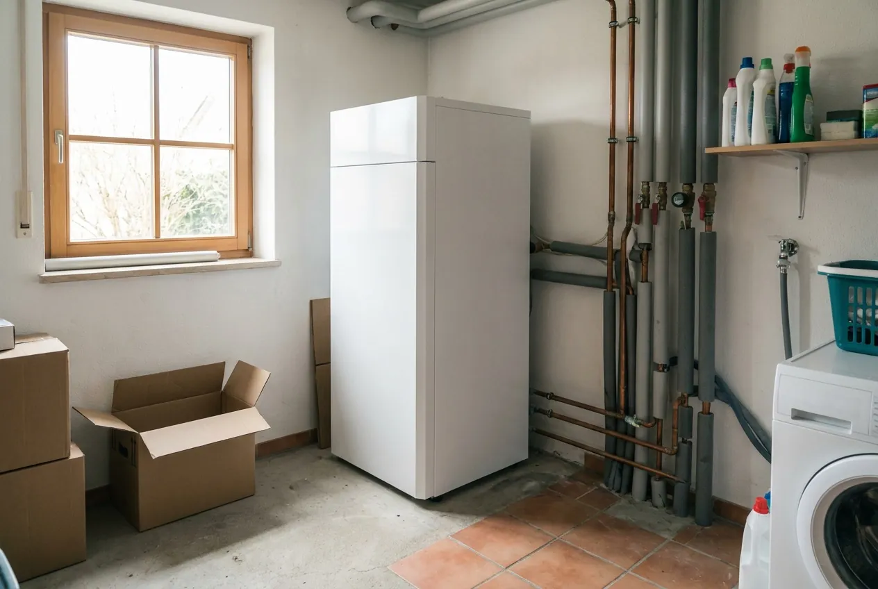 Innengerät einer Wärmepumpe mit Warmwasserspeicher in einem Hauswirtschaftsraum