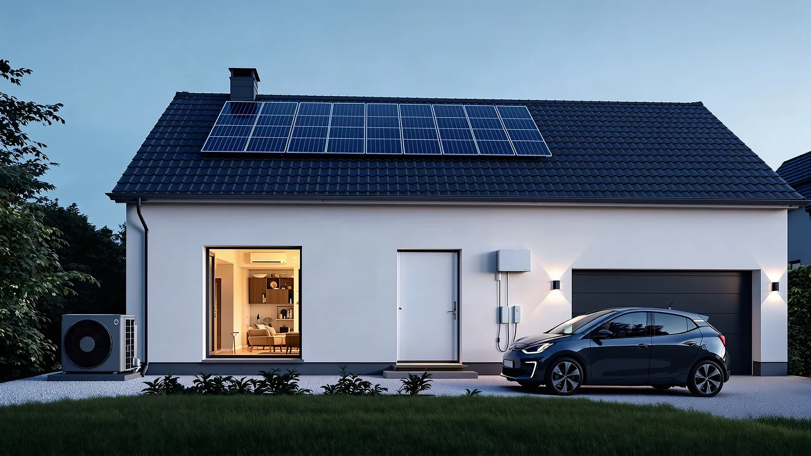 Einfamilienhaus mit Photovoltaik auf dem Dach, Wärmepumpe an der Hauswand und ladendem Elektroauto