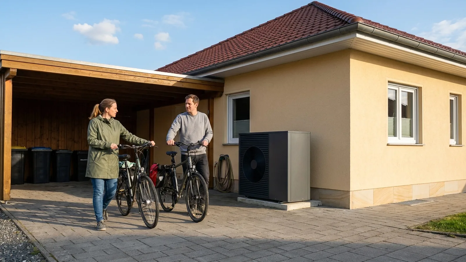 Paar schiebt die Fahrräder aus dem Carport, daneben steht die Wärmepumpe am Haus