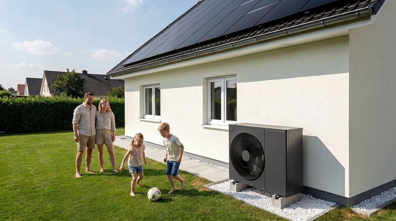 Einfamilienhaus mit Photovoltaik-Modulen auf dem Dach und Wärmepumpe an der Hauswand, Familie im Garten